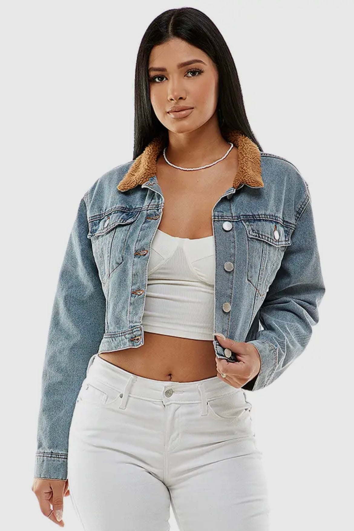 Cropped Faux Fur Collar Denim Jacket