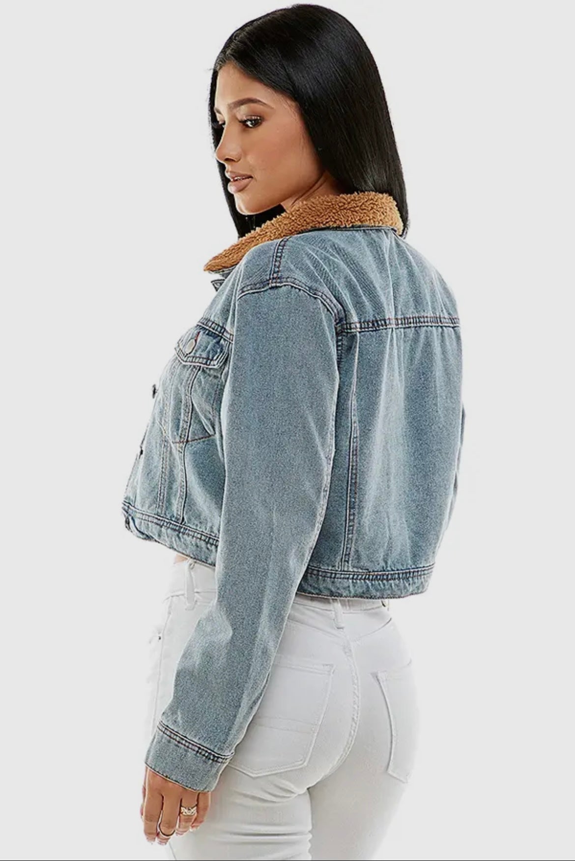 Cropped Faux Fur Collar Denim Jacket