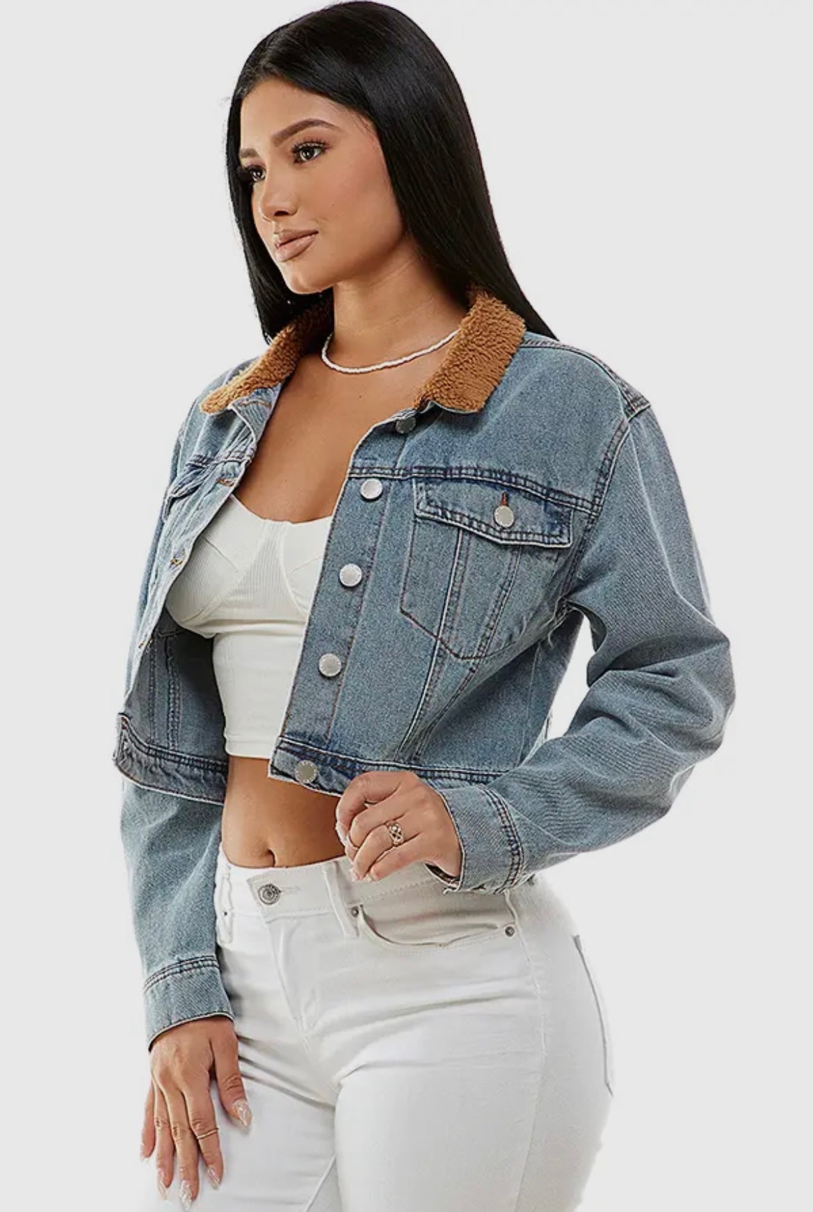 Cropped Faux Fur Collar Denim Jacket