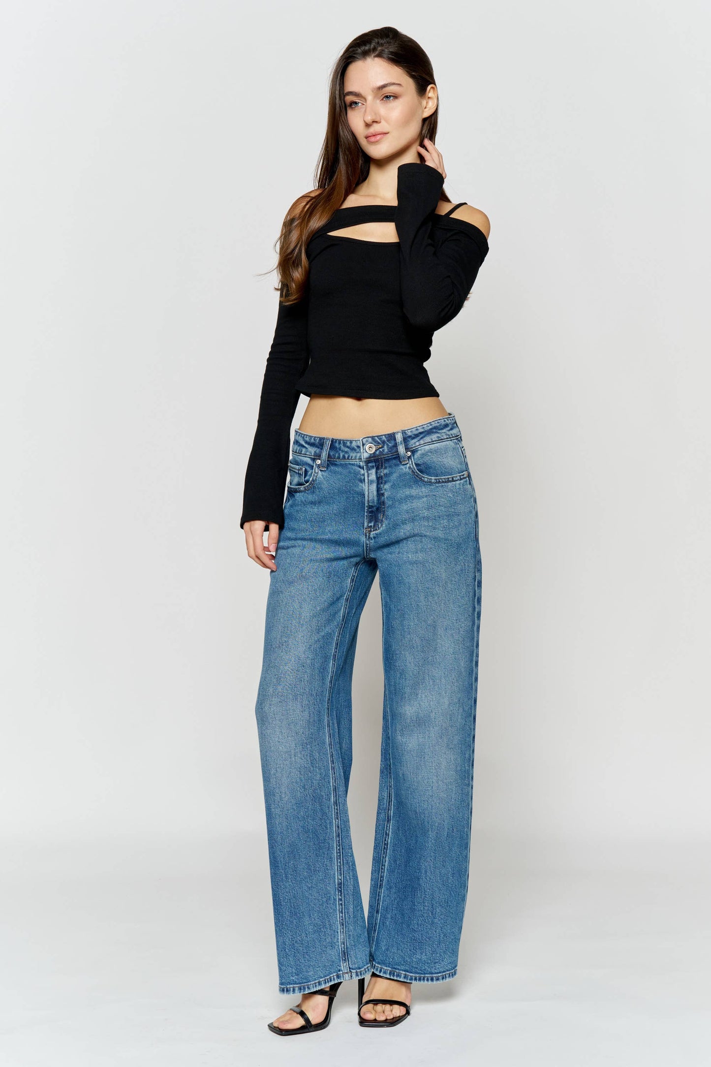 OPEN PACK Mid Waist Relaxed Wide Leg Jeans WXP7057